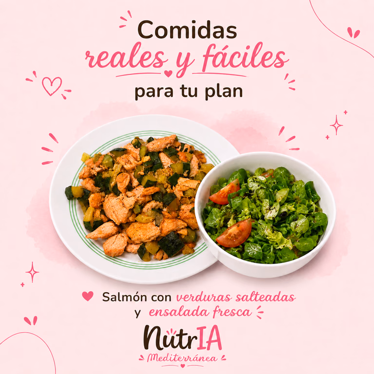 Salmón con verduras salteadas y ensalada, publicado por NutrIA